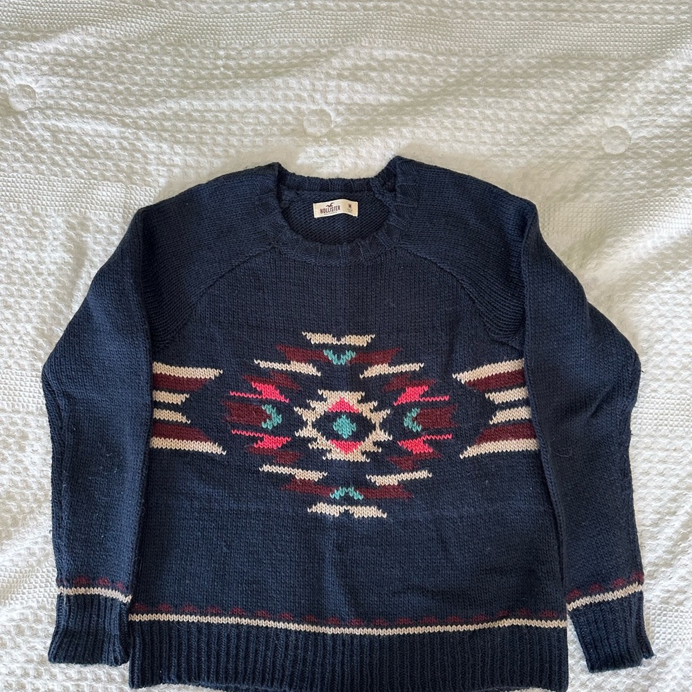 Hollister Blue and Red Crewneck Sweater with Geometric Design